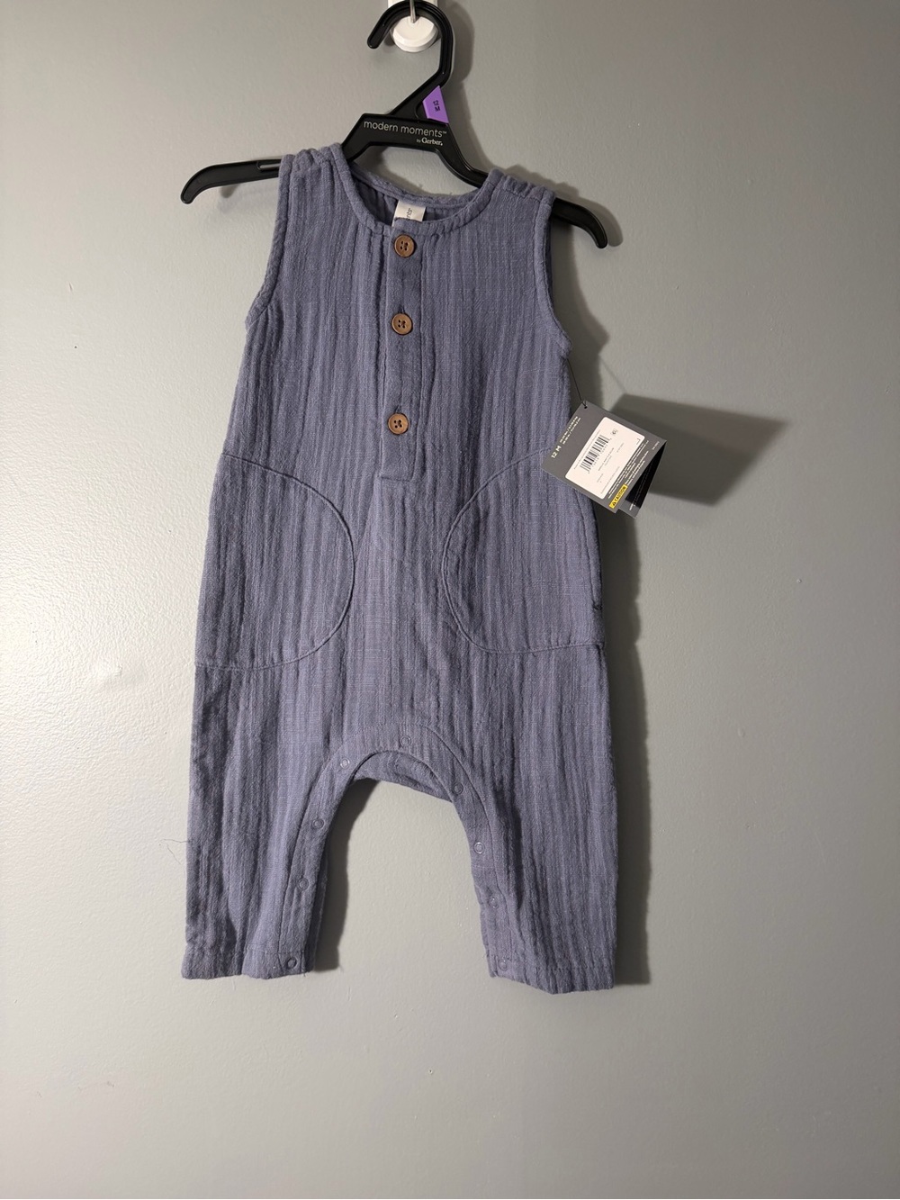 Gerber Blue Textured Sleeveless Henley Romper with Wooden Buttons